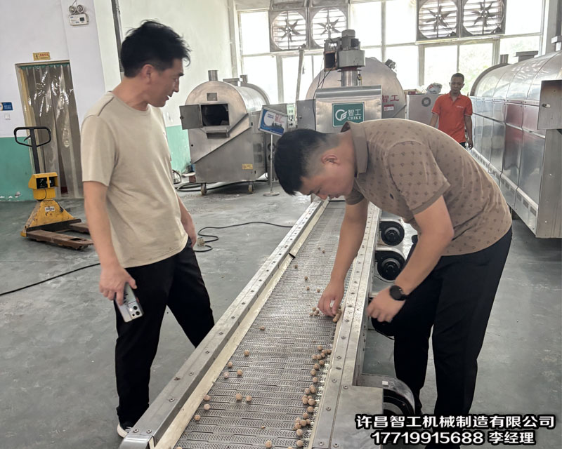 安徽客戶(hù)來(lái)廠(chǎng)試機(jī)四米電磁流水線(xiàn)炒貨機(jī)炒制阿膠珠
